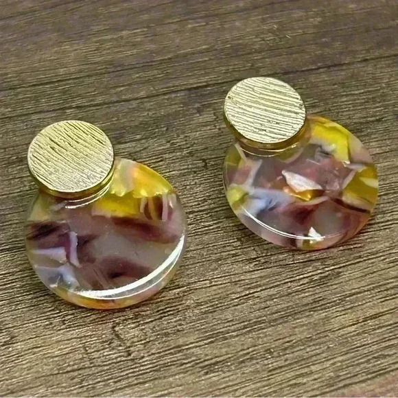 Multi Tone Purple and Yellow Round Shaped Stud Earrings with Gold Tone Accents - Picture 1 of 3